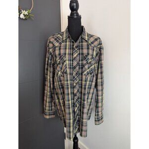 Cowboy Up Classic‎ Fit Black White and Green Plaid Pearl Snap - L